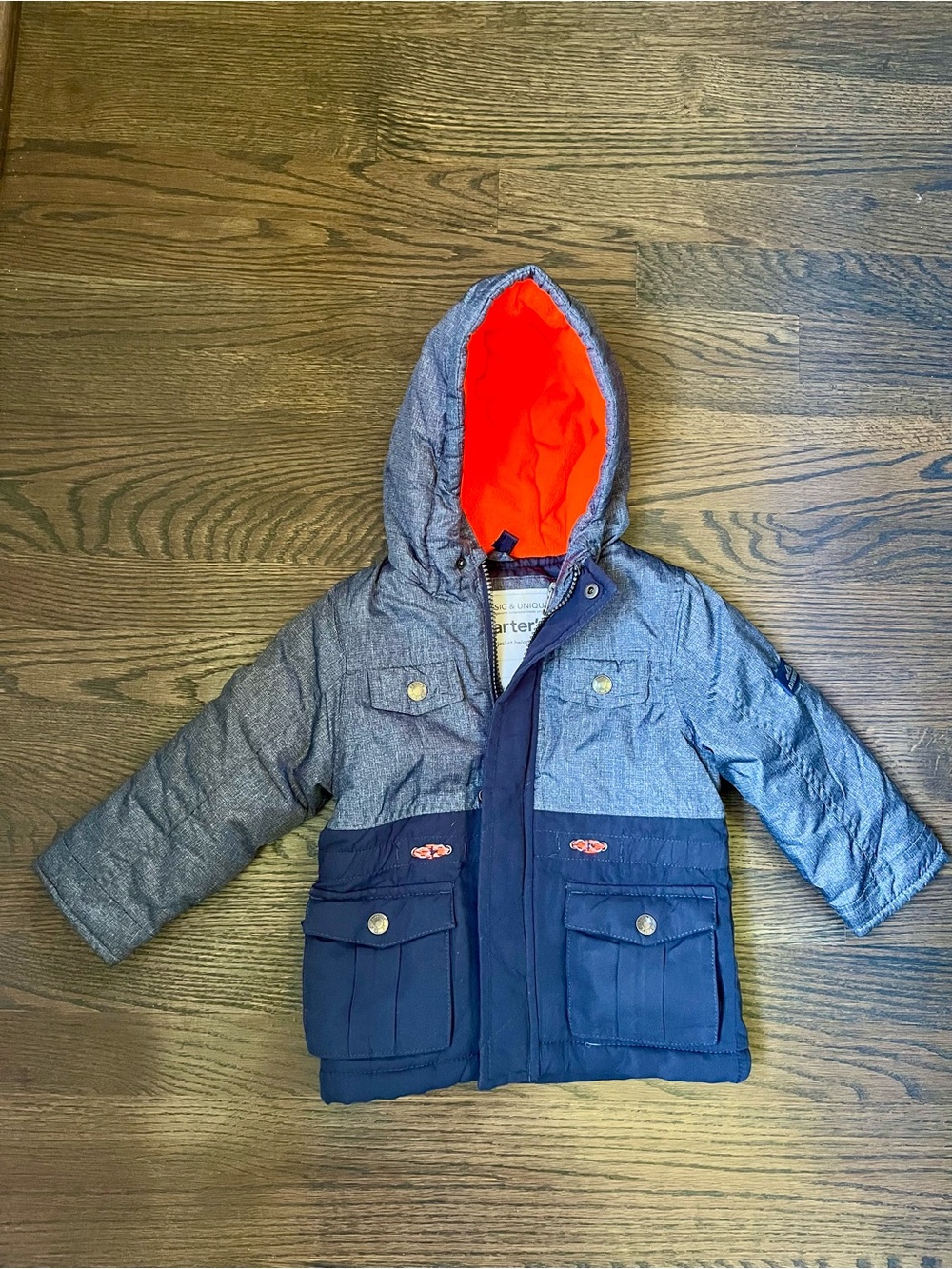 Carter's Two-Tone Hooded Coat in Gray and Blue.